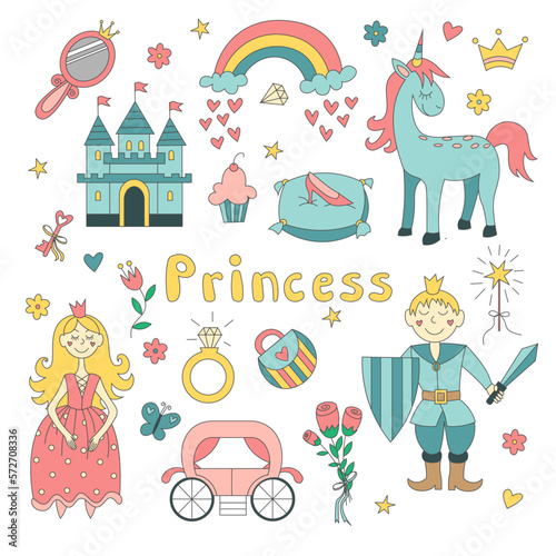 Princess set. Hand drawn childish illustration. Beautiful princesses, princ, castle, carriage and accessories. Vector illustration isolated on white background. EPS 10