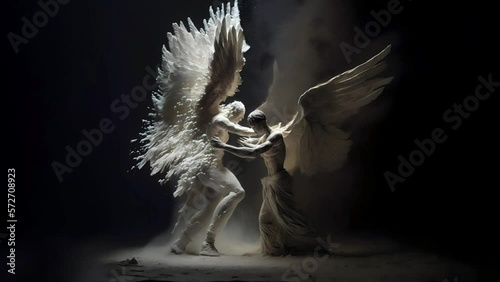 A fight against good versus evil. An angel is fighting a demon. 3D loping background