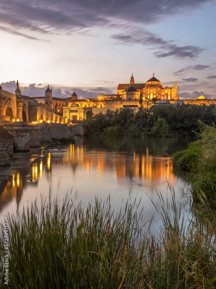 Night Exposure of the Roman bridge of and the Mosque–Cathedral of Córdoba in the background with the Guadalquivir river in the foreground