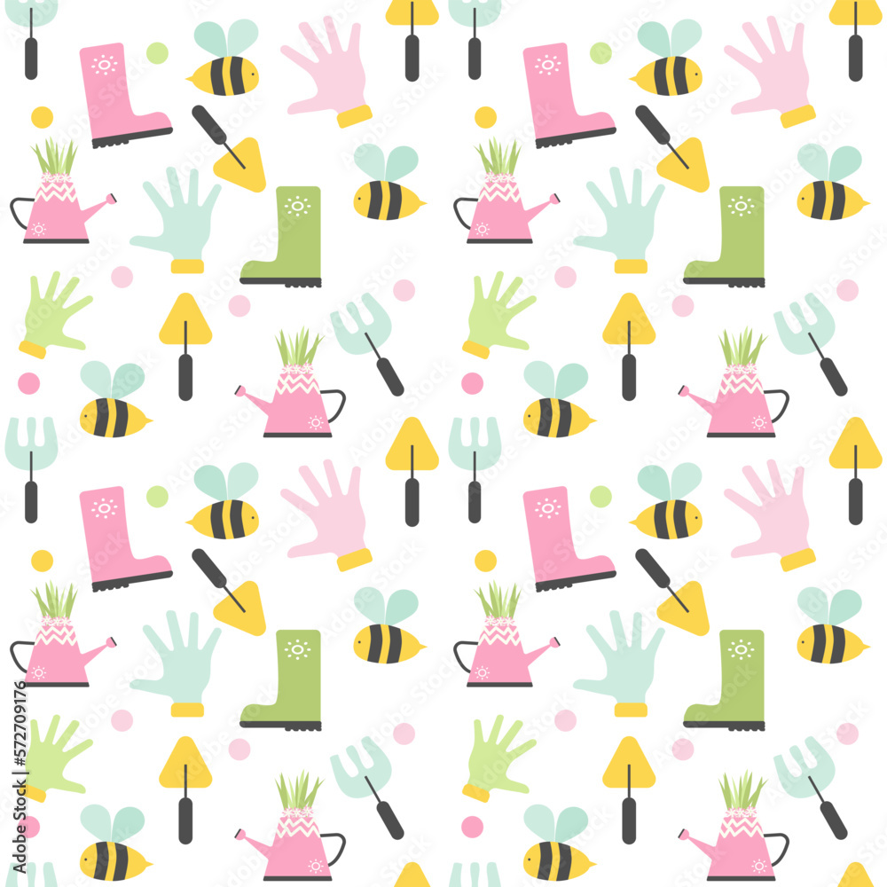 Gardening elements seamless pattern on white background.