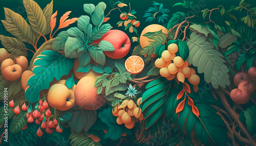 Exotic fruits and foliage scene in a painted style. Generative AI