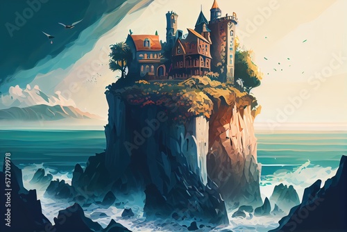 Generative AI illustration of enchanted castle on a cliff, a fairytale scene