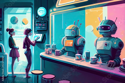 Generative AI illustration of a futuristic robot cafe with a wide range of robot customers, where robots of all shapes and sizes come to enjoy a cup of java or a sweet treat