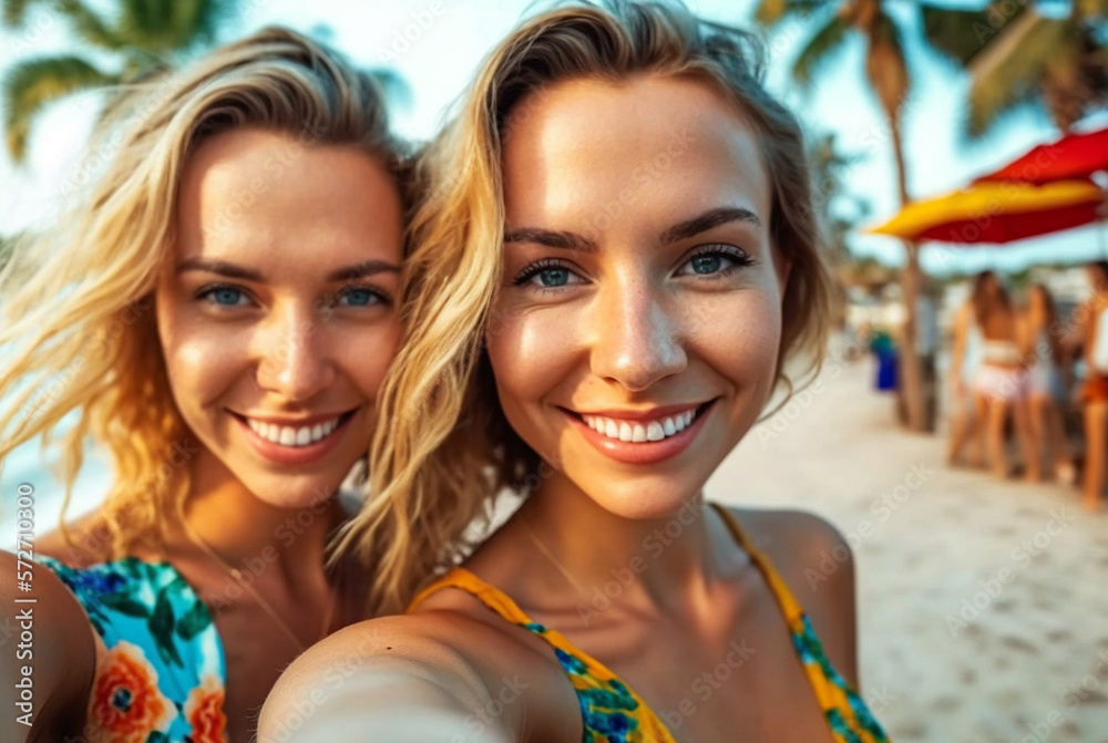 Fototapeta premium two young adult women or teenage girls on the beach, traveling together with girlfriend, beach vacation with smile, Generative AI