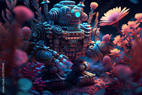 Generative AI illustration of the garden of bio luminescence, a steam punk robot tending to an otherworldly flower bed photo