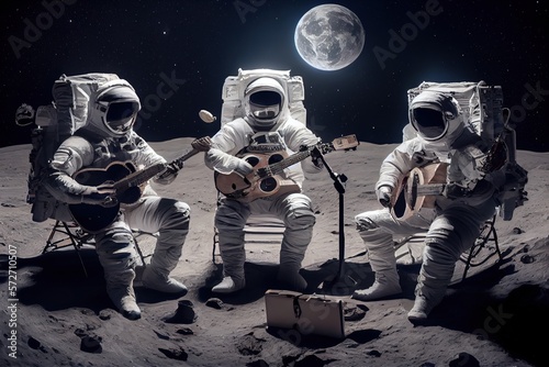 Fotografia Generative AI illustration of a trio of astronauts making music on the lunar sur