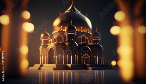 Mosque at night with glowing lights. Eastern architecture concept. Ramadan Kareem. Generative AI