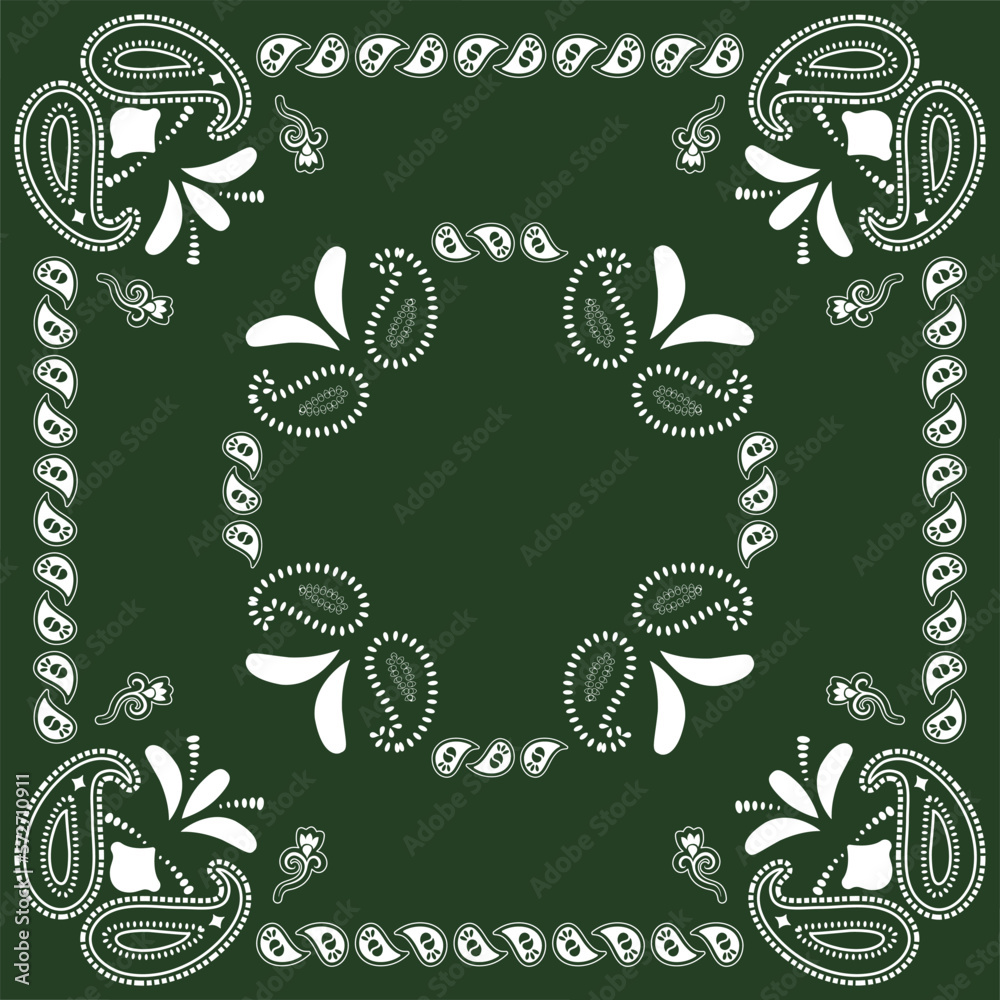 Green bandana kerchief paisley fabric patchwork abstract vector seamless pattern