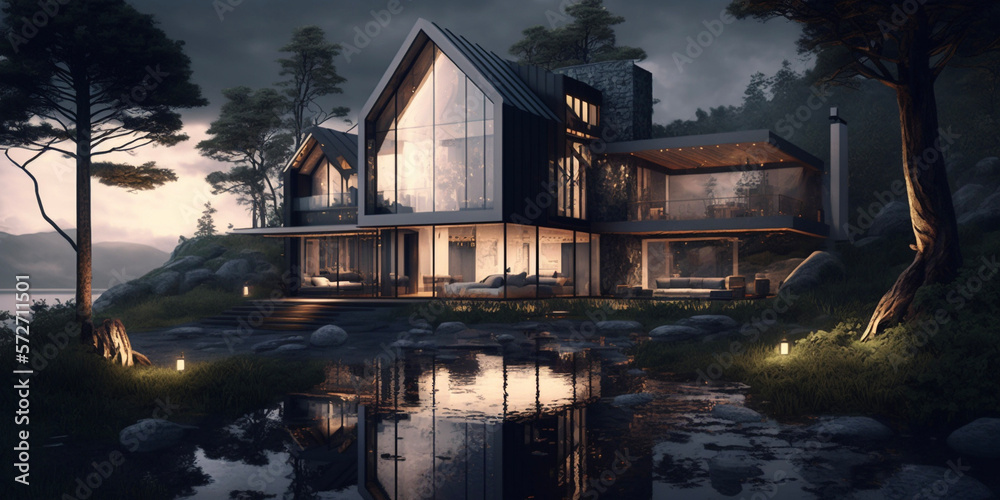 Fototapeta premium Modern stylish home at night. Generative AI