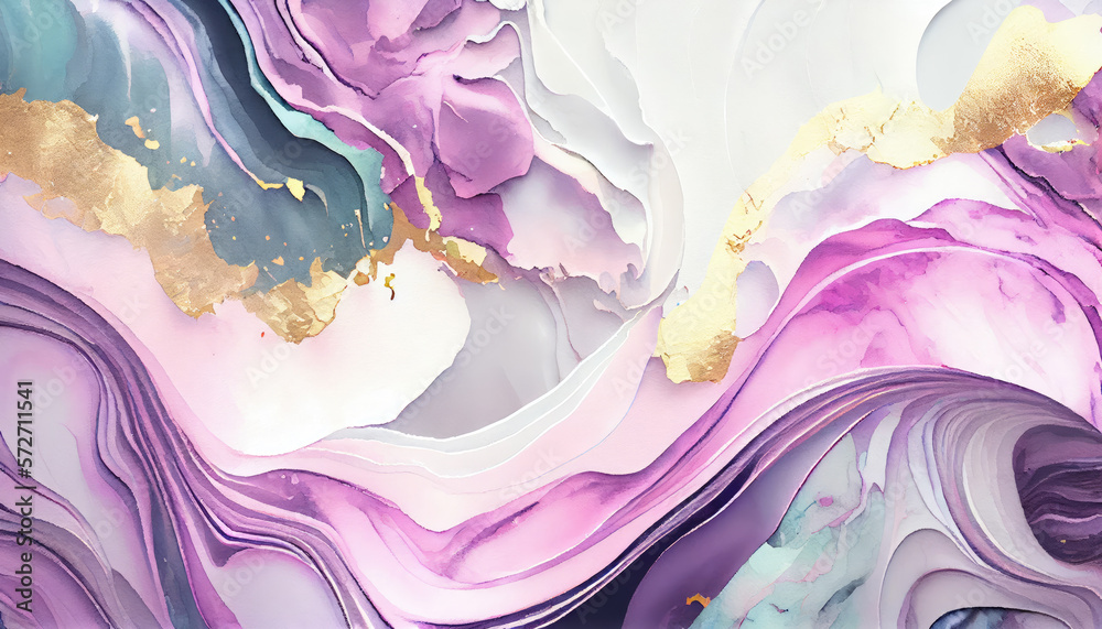 Abstract colorful background, pastel colors watercolor. Pink, purple, white, violet splash color waves with gold veins. Abstract luxury backdrop. Generative ai drawing in watercolor style