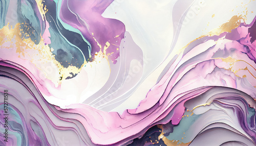 Abstract colorful background in pastel colors. Pink, purple, white, violet splash color waves with gold veins. Abstract luxury backdrop. Generative ai drawing in watercolor style