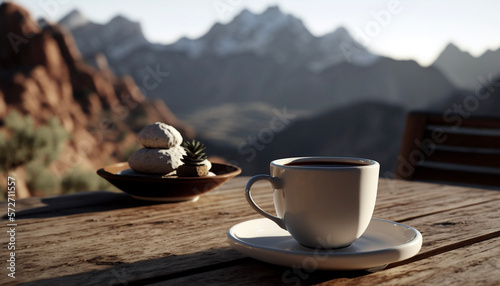 Cup of tea/coffee with mountains in background. Generative AI