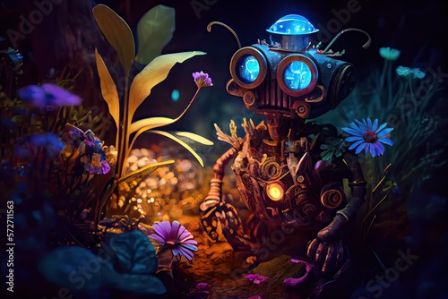 Generative AI illustration of the garden of bio luminescence, a steam punk robot tending to an otherworldly flower bed photo