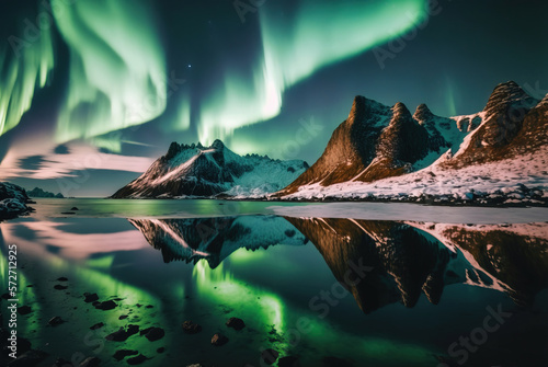 Magical and mystical aurora borealis.A stunning panorama of the lake and the mountains, illuminated by the dancing Northern Lights, may be seen at this location. Generative AI
