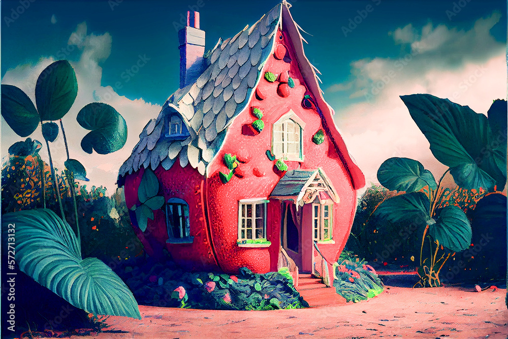 Fantasy strawberry house in the strawberry garden, generative ai illustration
