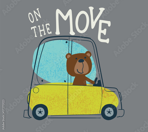 character illustration of a racer bear driving a race car to print a t-shirt