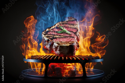 Illustration of tasty meat cooking on grill fire with rosemary, fire and smoke. Generative AI photo