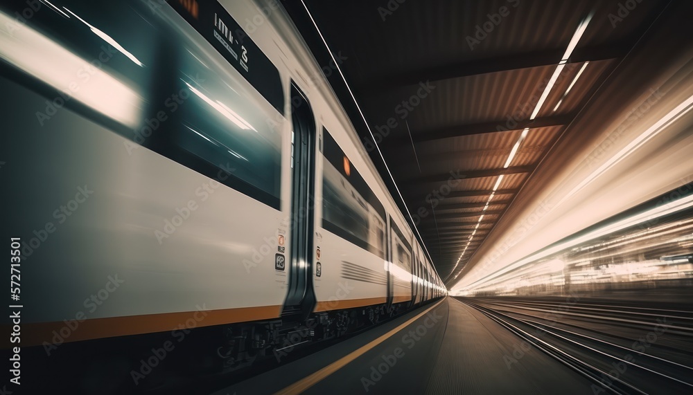 Fast moving train blur in tunnel, generative ai Fast moving train blur in tunnel, generative ai
