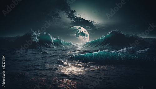 beautiful ocean gradient blue colors, stormy, waves, generative ai