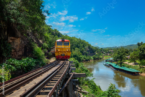 Death Railway Kanchanaburi, Thailand, known as the Death Railway with a lot of tourists on the train taking photos of beautiful views over Kwai Noi River,Kanchanaburi Province, Locomotive, Steam