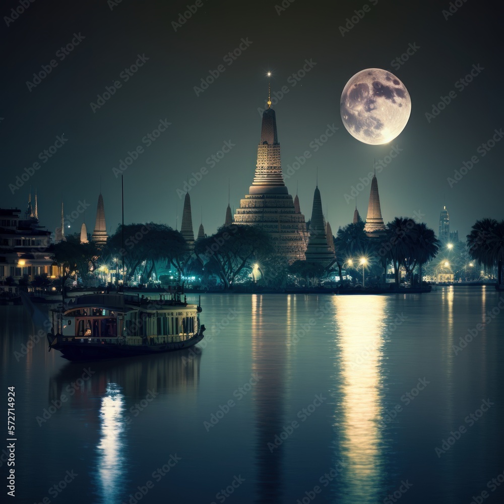 Temple by the river at night
