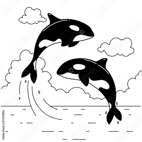 Simple colouring page for children, marine scene with a jumping killer whale. Minimalist design for coloring books and fun for kids. Ready to print.