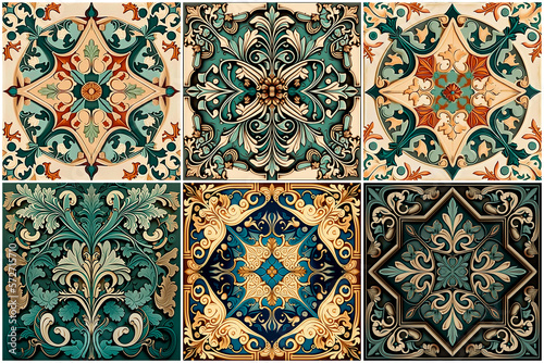 Teal and Gold Arts and Crafts movement style square tile pattern collection Generative AI