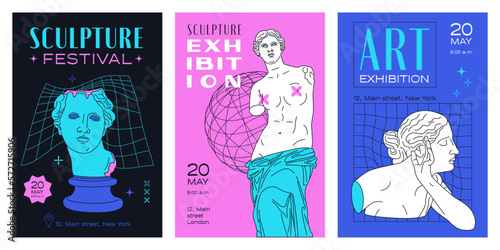 A set of neon posters. Illustrations of Greek statues in a modern style. Flyer or poster for art and sculpture exhibition