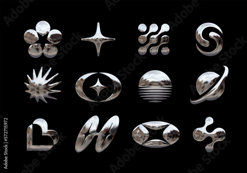 Set of chrome elements for design in Y2K style. Vector abstract shapes in retro futurism aesthetics photo
