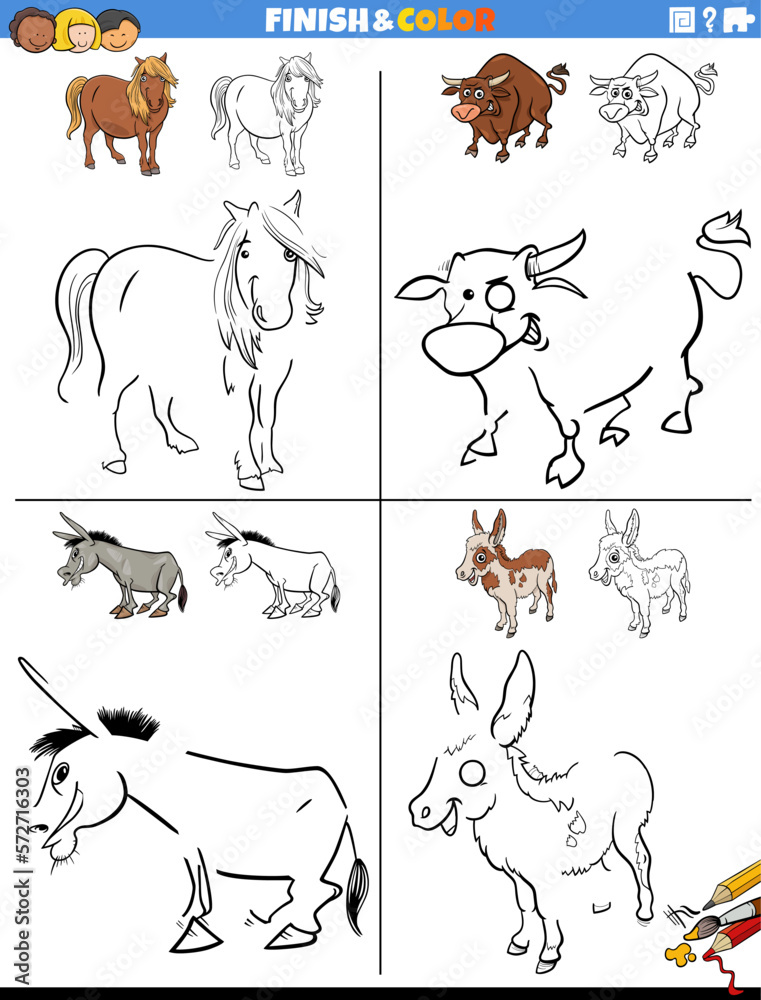 drawing and coloring worksheets set with farm animals