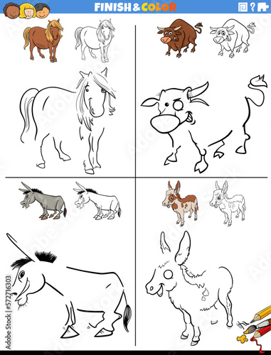 Fototapeta Naklejka Na Ścianę i Meble -  drawing and coloring worksheets set with farm animals
