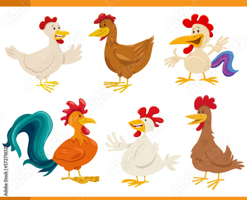 cartoon happy chickens farm animal characters set