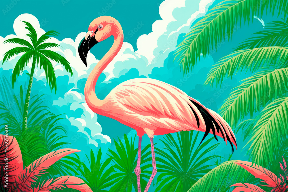 Fototapeta premium Pink flamingos painting on the moonlight in tropical night. Summer night scene. Creative Caribbean concept. Minimal art composition. Generative AI.