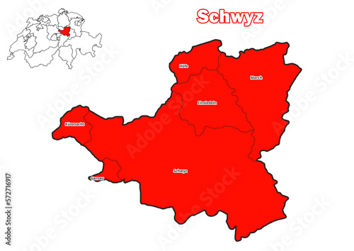 Karte des Kanton Schwyz mit Bezirksnamen und Standort auf der Karte der Schweiz