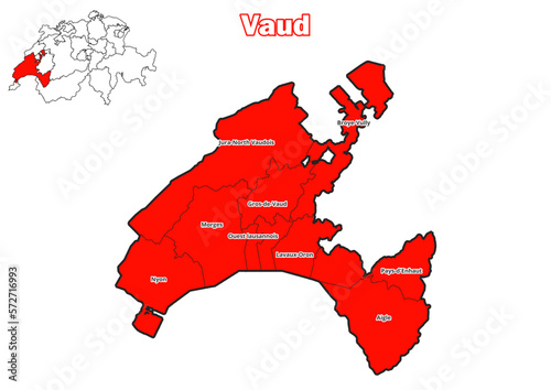 Karte des Kanton Vaud mit Bezirksnamen und Standort auf der Karte der Schweiz
