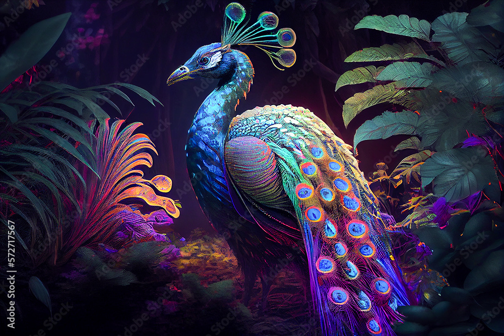Fototapeta premium Luxury neon peacock in a fantasy tropical garden, generative ai illustration
