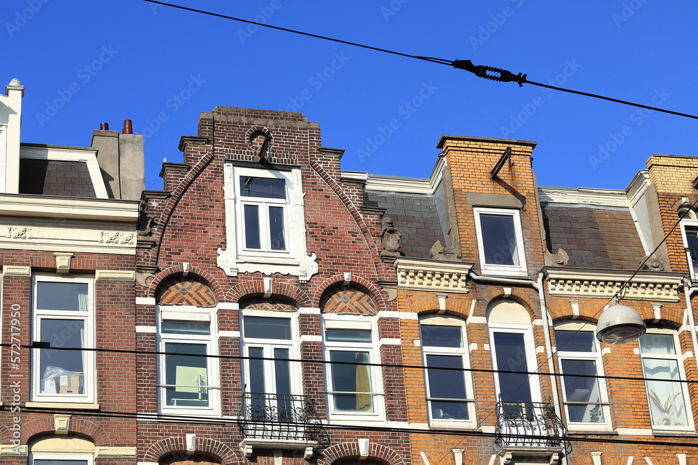 Amsterdam Rozengracht Street Brick Building Facades Close Up, Netherlands