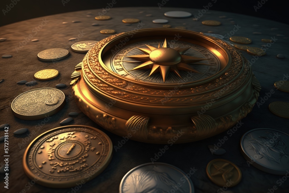 Compass and gold coins on blue background, 
concept of investing in the best direction, digital illustration, Generative AI