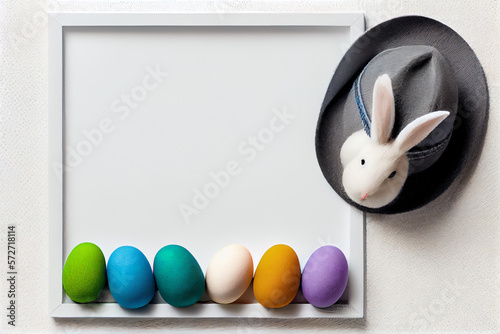 Easter Bunny hat with eggs and empty frame to copyspce text Generative AI photo