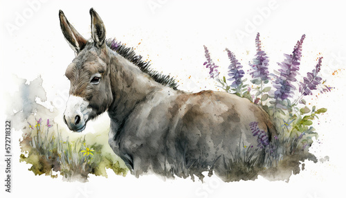 Billede på lærred Watercolor painting of peaceful donkey in a colorful flower field