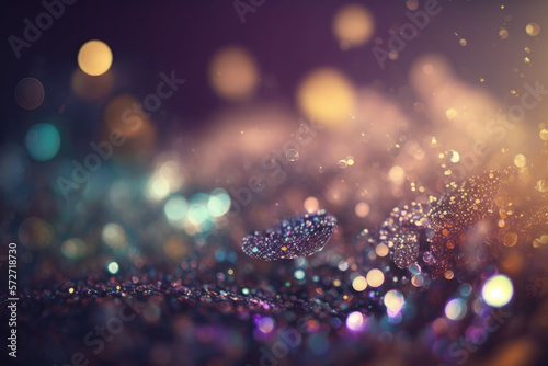 glitter vintage lights background. black, purple, blue and gold. de-focused. Generative AI