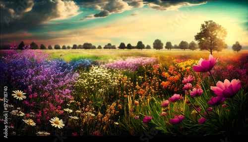 Colorful flower meadow in spring, wild flowers generatine ai