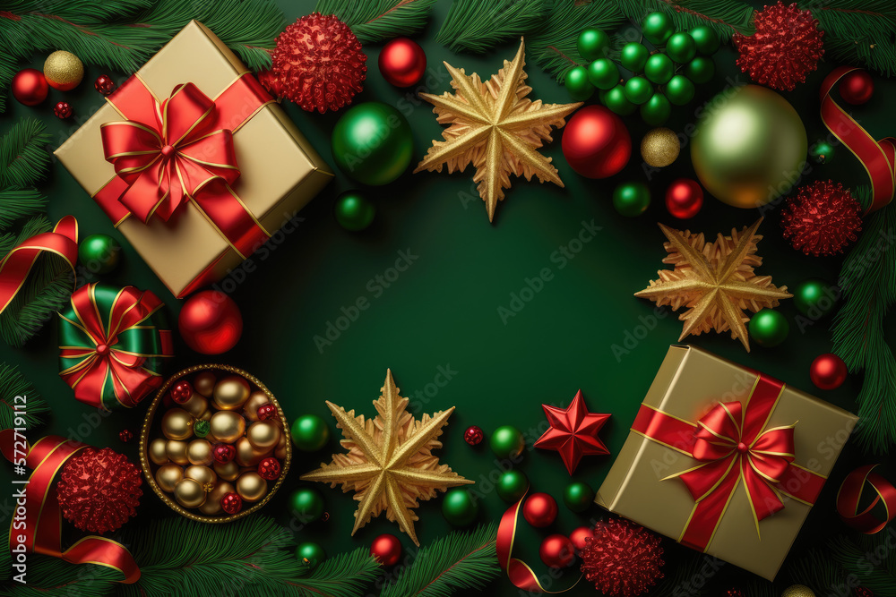 Christmas composition with fir tree and red gift on green background. Happy New Year. Space for text. View from above, flat lay. Greeting card. Generative AI Christmas composition with fir tree and red gift on green background. Happy New Year. Space for text. View from above, flat lay. Greeting card. Generative AI