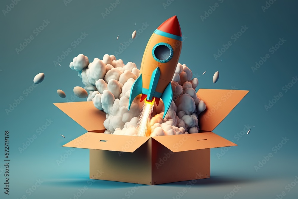Rocket taking off from cardboard box on blue background, 3D illustration, AI	 - obrazy, fototapety, plakaty 