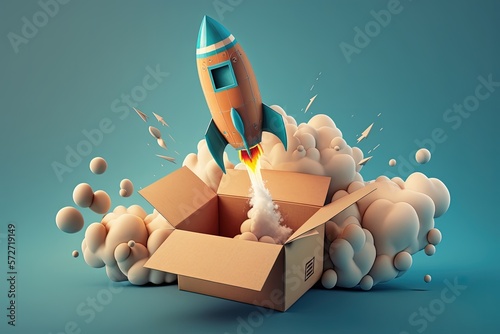 Rocket taking off from cardboard box on blue background, 3D illustration, AI	 photo
