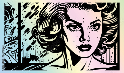 Beautiful and trendy black and white linocut pop art or colouring page of a women
