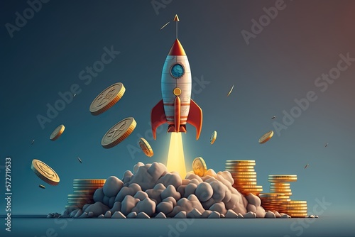 Rocket taking off over stack of coins, successful startup concept, blue background, digital illustration, Generative AI 