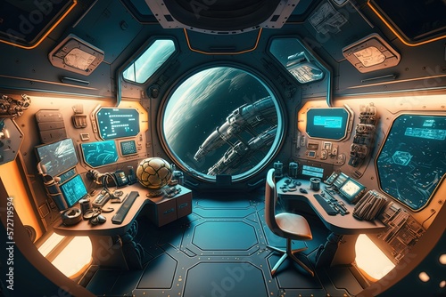 Fototapeta Naklejka Na Ścianę i Meble -  Sci-fi spaceship cabin, digital illustration, Generative AI