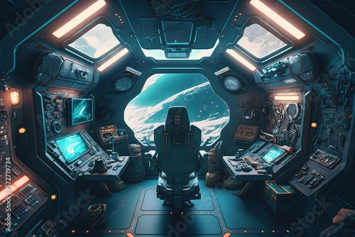 Fototapeta Naklejka Na Ścianę i Meble -  Sci-fi spaceship cabin, digital illustration, Generative AI