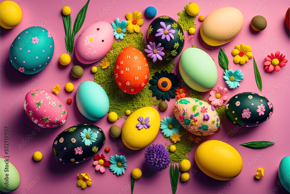 Fototapeta premium Easter eggs poster background for greeting celebrated in easter day. Generative AI